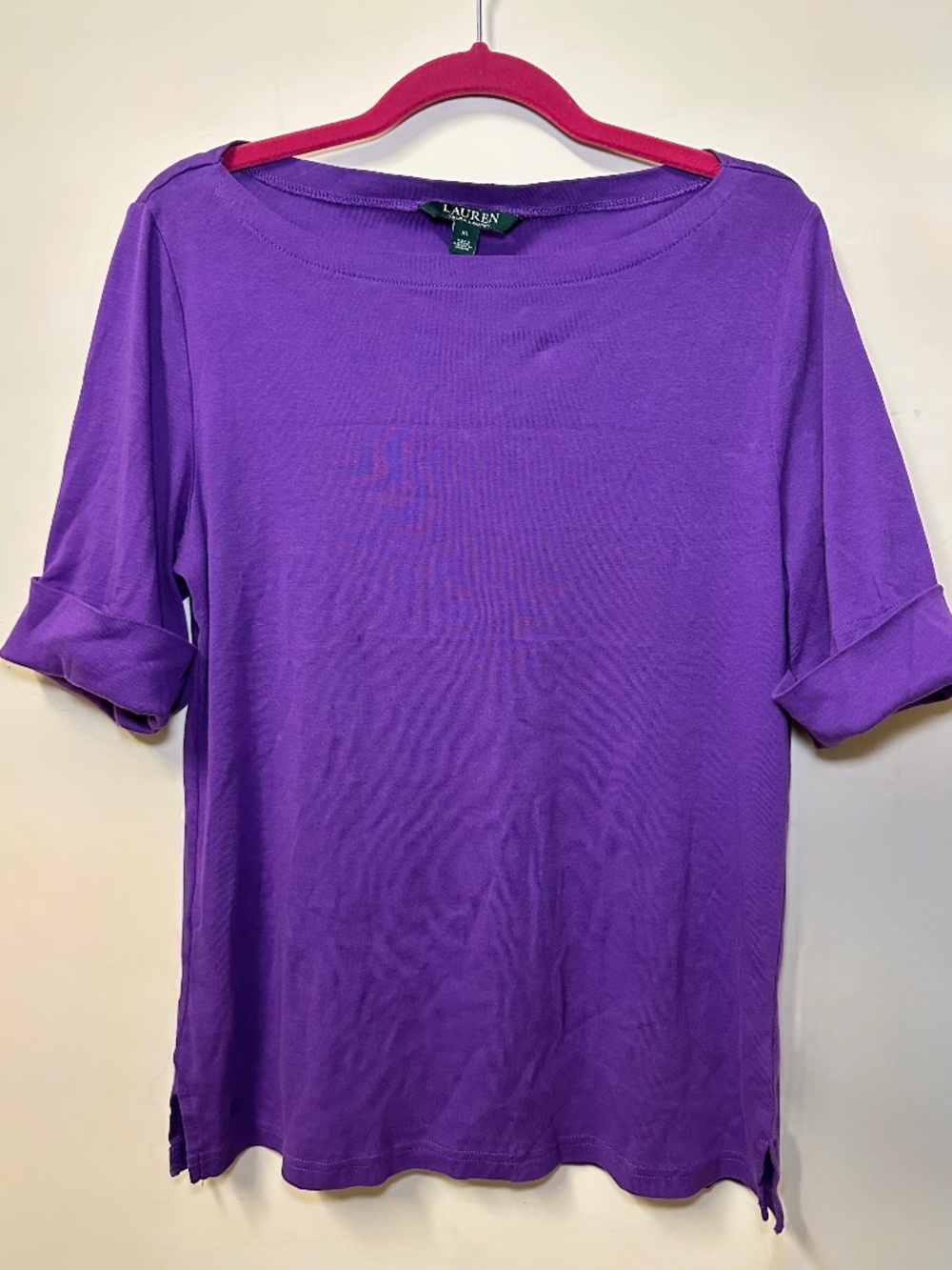 Purple Cotton Boatneck Top with 3/4 Sleeves by Lauren Ralph Lauren size XL